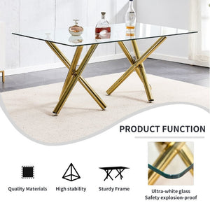 English Elm Large Tempered Glass Rectangular Dining Table Golden Legs Seats Eight Modern Minimalist W1151S04946