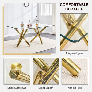 English Elm Large Tempered Glass Rectangular Dining Table Golden Legs Seats Eight Modern Minimalist W1151S04946