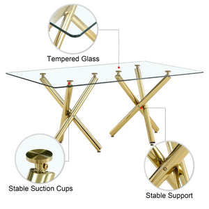English Elm Large Tempered Glass Rectangular Dining Table Golden Legs Seats Eight Modern Minimalist W1151S04946