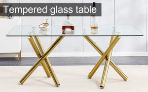 English Elm Large Tempered Glass Rectangular Dining Table Golden Legs Seats Eight Modern Minimalist W1151S04946