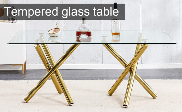 English Elm Large Tempered Glass Rectangular Dining Table Golden Legs Seats Eight Modern Minimalist W1151S04946