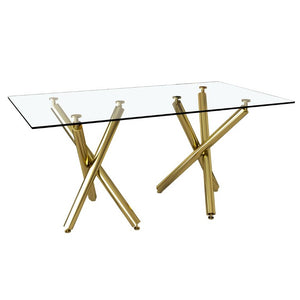 English Elm Large Tempered Glass Rectangular Dining Table Golden Legs Seats Eight Modern Minimalist W1151S04946