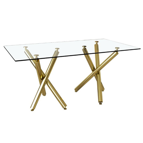 English Elm Large Tempered Glass Rectangular Dining Table Golden Legs Seats Eight Modern Minimalist W1151S04946