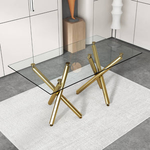 English Elm Large Tempered Glass Rectangular Dining Table Golden Legs Seats Eight Modern Minimalist W1151S04946