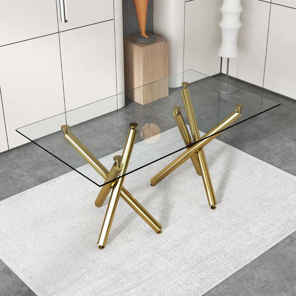 English Elm Large Tempered Glass Rectangular Dining Table Golden Legs Seats Eight Modern Minimalist W1151S04946
