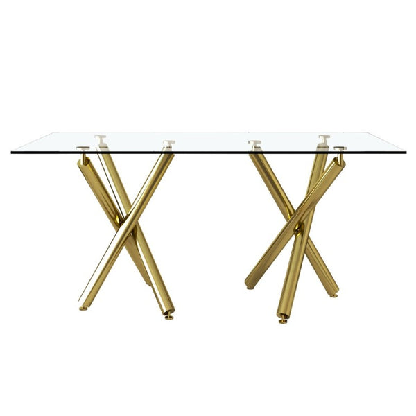 English Elm Large Tempered Glass Rectangular Dining Table Golden Legs Seats Eight Modern Minimalist W1151S04946