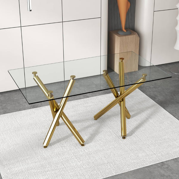 English Elm Large Tempered Glass Rectangular Dining Table Golden Legs Seats Eight Modern Minimalist W1151S04946