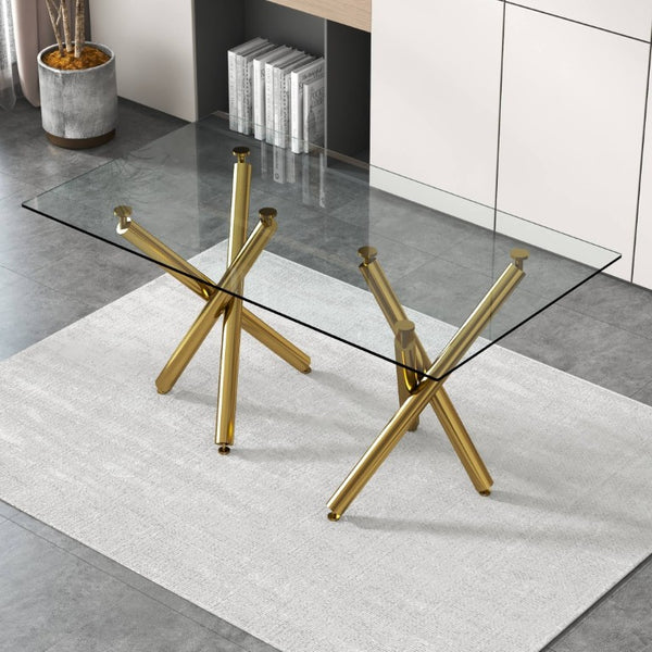 English Elm Large Tempered Glass Rectangular Dining Table Golden Legs Seats Eight Modern Minimalist W1151S04946