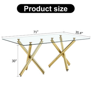 English Elm Large Tempered Glass Rectangular Dining Table Golden Legs Seats Eight Modern Minimalist W1151S04946