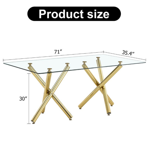 English Elm Large Tempered Glass Rectangular Dining Table Golden Legs Seats Eight Modern Minimalist W1151S04946