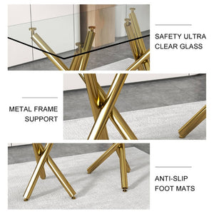 English Elm Large Tempered Glass Rectangular Dining Table Golden Legs Seats Eight Modern Minimalist W1151S04946