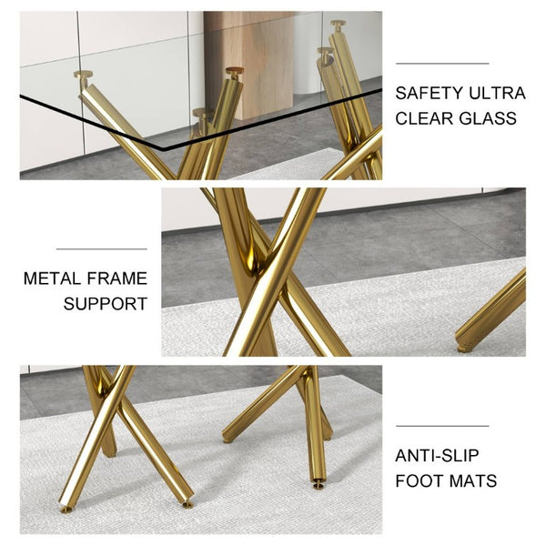 English Elm Large Tempered Glass Rectangular Dining Table Golden Legs Seats Eight Modern Minimalist W1151S04946