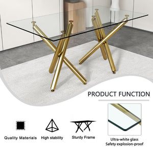 English Elm Large Tempered Glass Rectangular Dining Table Golden Legs Seats Eight Modern Minimalist W1151S04946