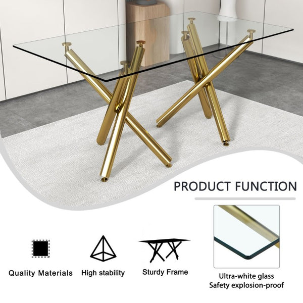 English Elm Large Tempered Glass Rectangular Dining Table Golden Legs Seats Eight Modern Minimalist W1151S04946