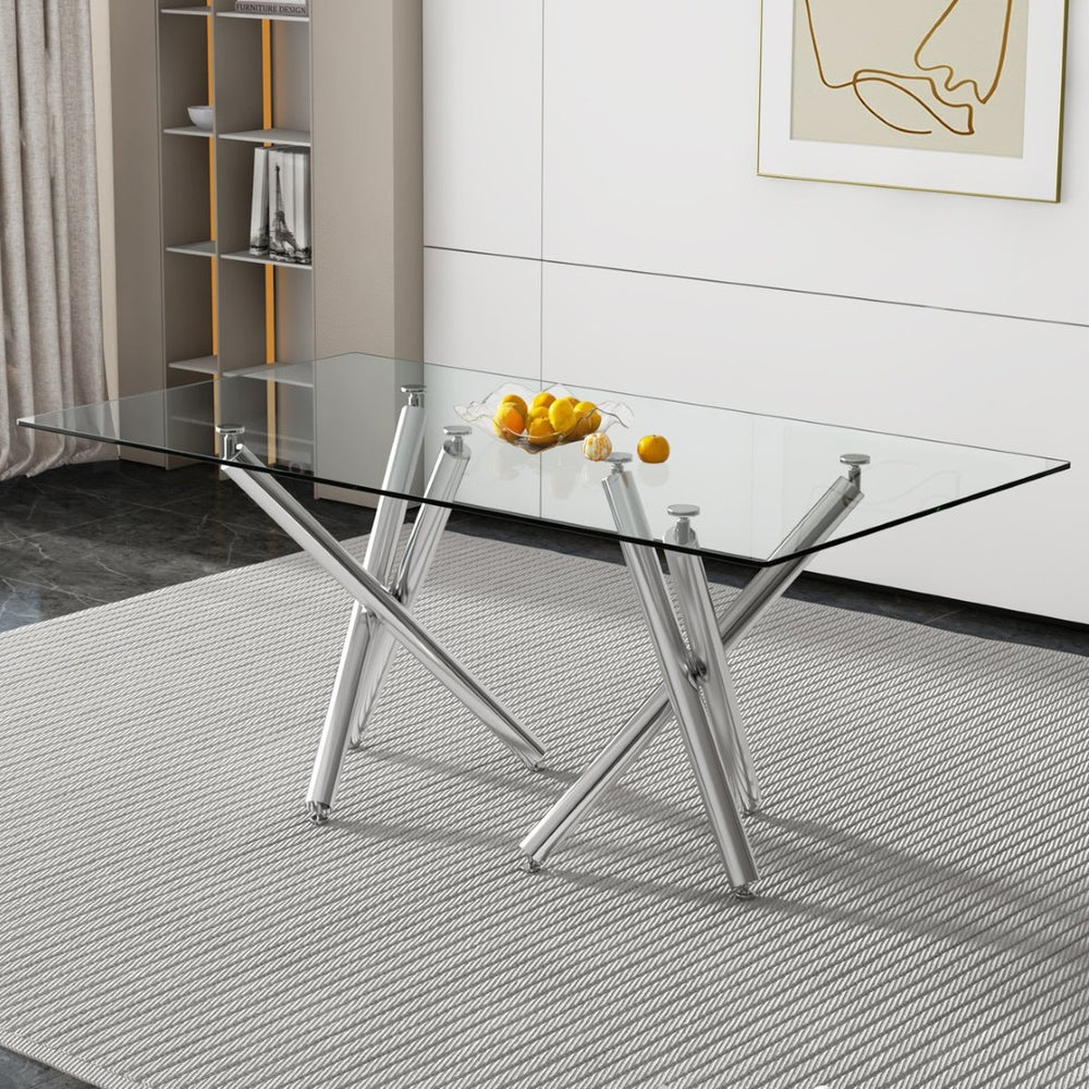 English Elm Large Tempered Glass Rectangular Dining Table Seats Eight with Sculptural Chrome Fork Legs W1151S04947