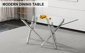English Elm Large Tempered Glass Rectangular Dining Table Seats Eight with Sculptural Chrome Fork Legs W1151S04947