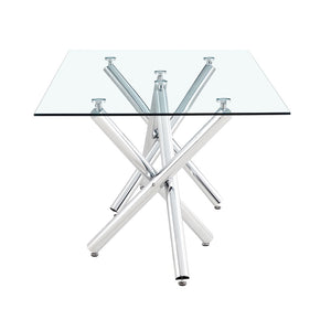 English Elm Large Tempered Glass Rectangular Dining Table Seats Eight with Sculptural Chrome Fork Legs W1151S04947