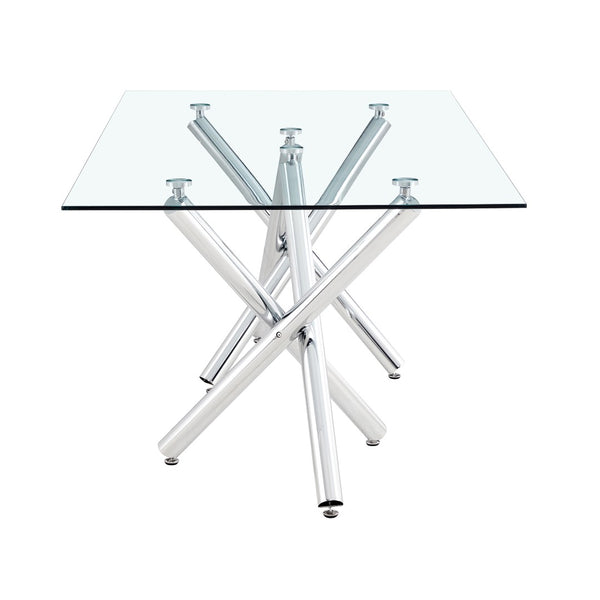 English Elm Large Tempered Glass Rectangular Dining Table Seats Eight with Sculptural Chrome Fork Legs W1151S04947