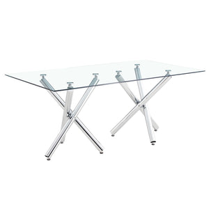 English Elm Large Tempered Glass Rectangular Dining Table Seats Eight with Sculptural Chrome Fork Legs W1151S04947