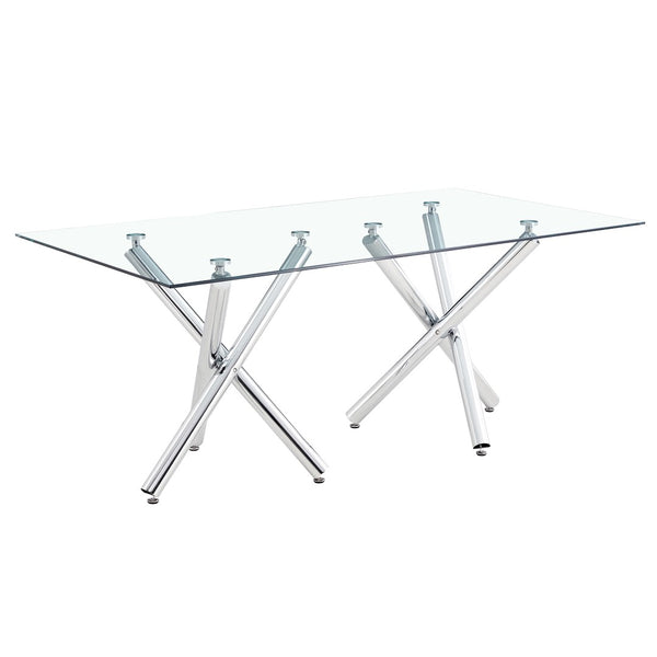 English Elm Large Tempered Glass Rectangular Dining Table Seats Eight with Sculptural Chrome Fork Legs W1151S04947