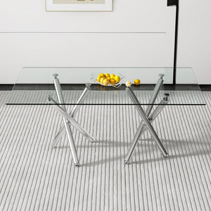 English Elm Large Tempered Glass Rectangular Dining Table Seats Eight with Sculptural Chrome Fork Legs W1151S04947