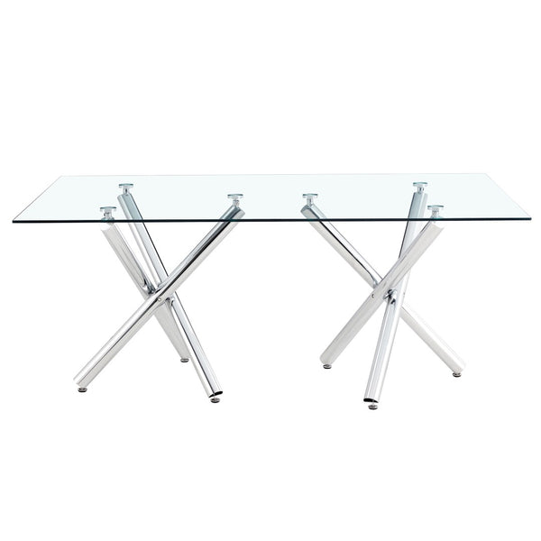 English Elm Large Tempered Glass Rectangular Dining Table Seats Eight with Sculptural Chrome Fork Legs W1151S04947