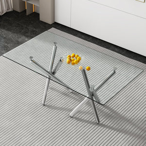 English Elm Large Tempered Glass Rectangular Dining Table Seats Eight with Sculptural Chrome Fork Legs W1151S04947