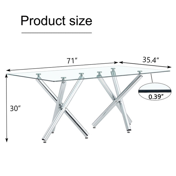English Elm Large Tempered Glass Rectangular Dining Table Seats Eight with Sculptural Chrome Fork Legs W1151S04947
