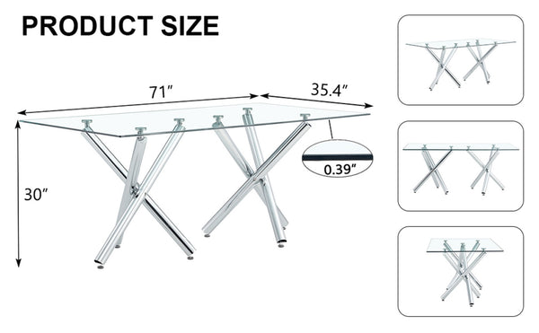 English Elm Large Tempered Glass Rectangular Dining Table Seats Eight with Sculptural Chrome Fork Legs W1151S04947
