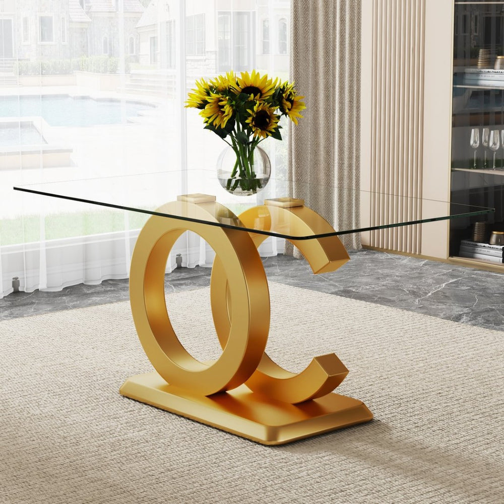 English Elm Large Tempered Glass Rectangular Dining Table with Gold Sculptural Base Seats Eight W1151S04948