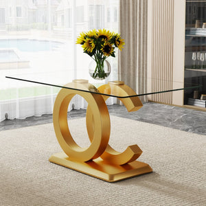 English Elm Large Tempered Glass Rectangular Dining Table with Gold Sculptural Base Seats Eight W1151S04948