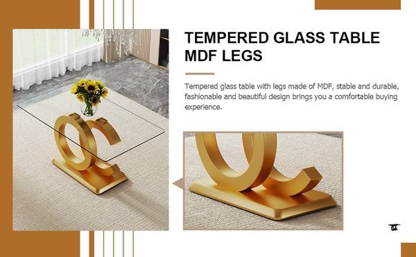 English Elm Large Tempered Glass Rectangular Dining Table with Gold Sculptural Base Seats Eight W1151S04948