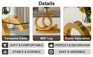 English Elm Large Tempered Glass Rectangular Dining Table with Gold Sculptural Base Seats Eight W1151S04948