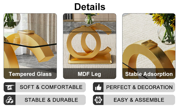English Elm Large Tempered Glass Rectangular Dining Table with Gold Sculptural Base Seats Eight W1151S04948