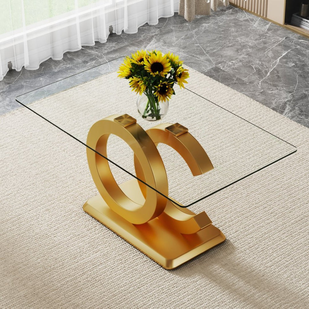 English Elm Large Tempered Glass Rectangular Dining Table with Gold Sculptural Base Seats Eight W1151S04948