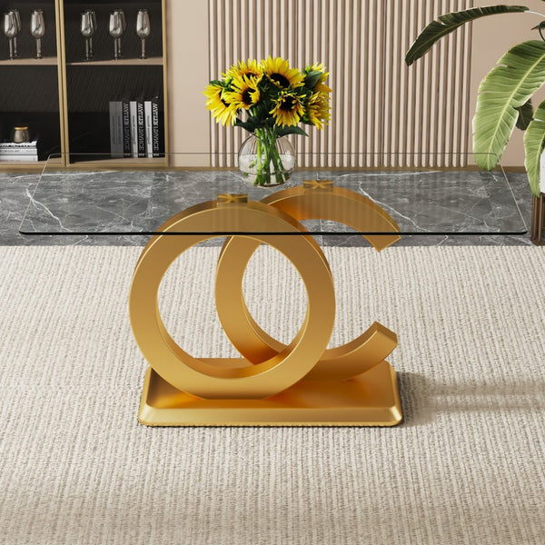 English Elm Large Tempered Glass Rectangular Dining Table with Gold Sculptural Base Seats Eight W1151S04948