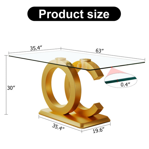 English Elm Large Tempered Glass Rectangular Dining Table with Gold Sculptural Base Seats Eight W1151S04948