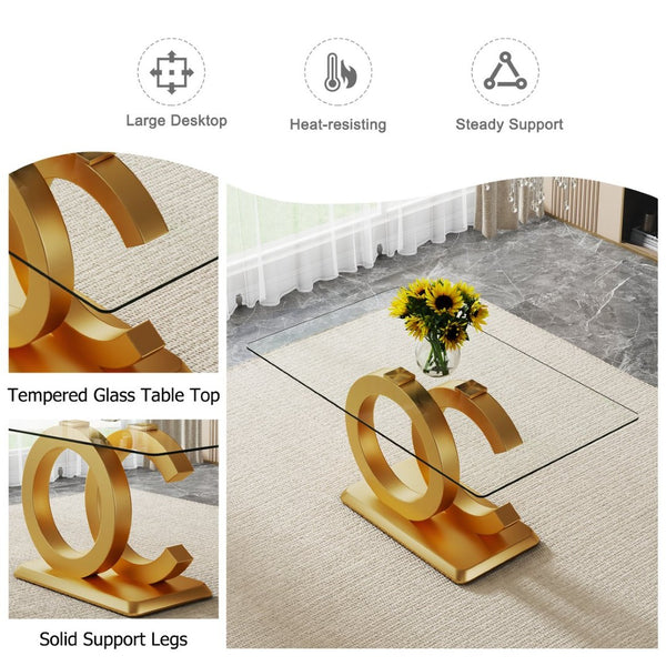English Elm Large Tempered Glass Rectangular Dining Table with Gold Sculptural Base Seats Eight W1151S04948