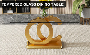 English Elm Large Tempered Glass Rectangular Dining Table with Gold Sculptural Base Seats Eight W1151S04948