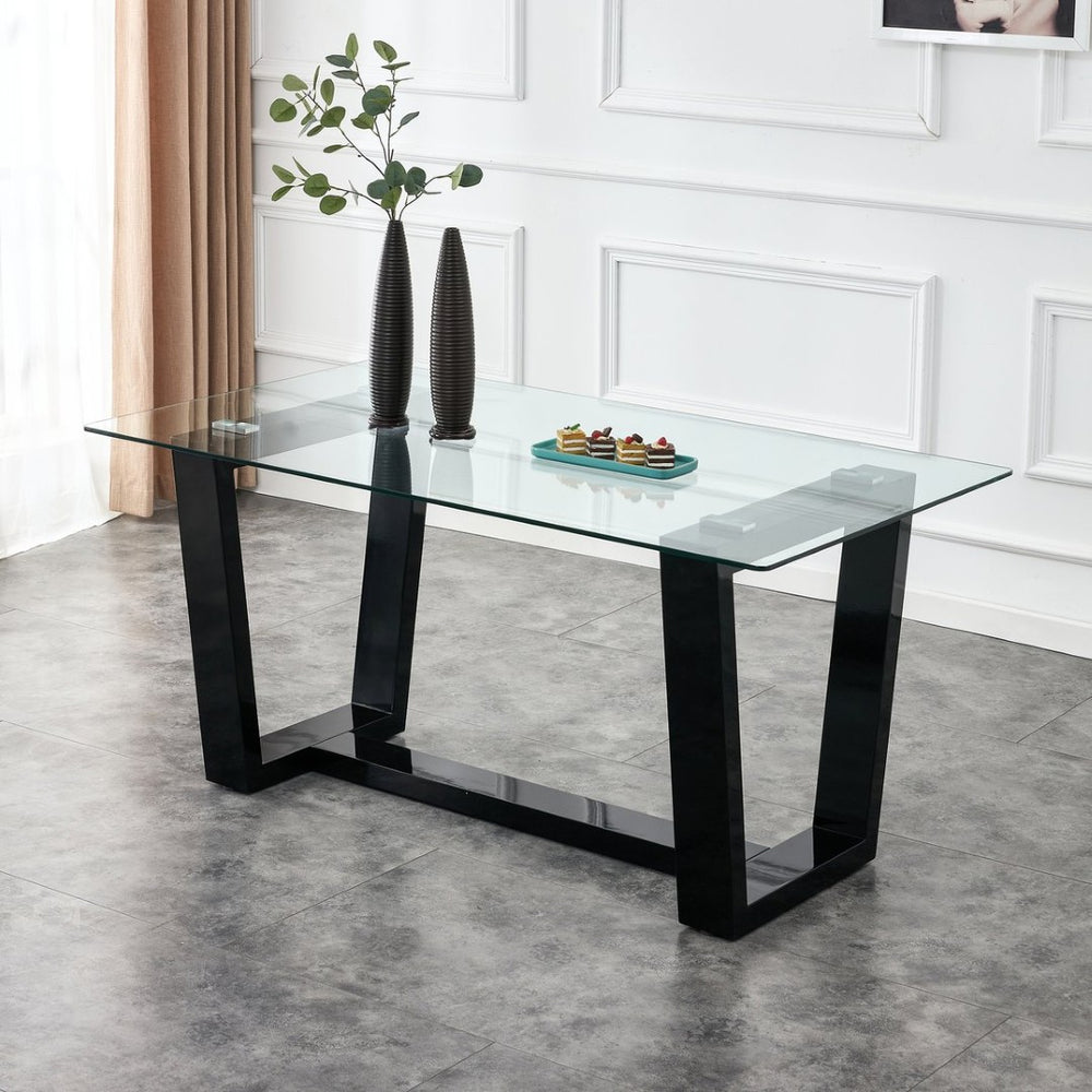 English Elm Seating Eight Tempered Glass Rectangular Dining Table with Matte Black Mdf Base W1151S04949