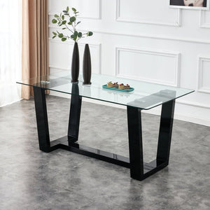English Elm Seating Eight Tempered Glass Rectangular Dining Table with Matte Black Mdf Base W1151S04949