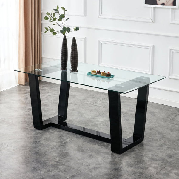 English Elm Seating Eight Tempered Glass Rectangular Dining Table with Matte Black Mdf Base W1151S04949