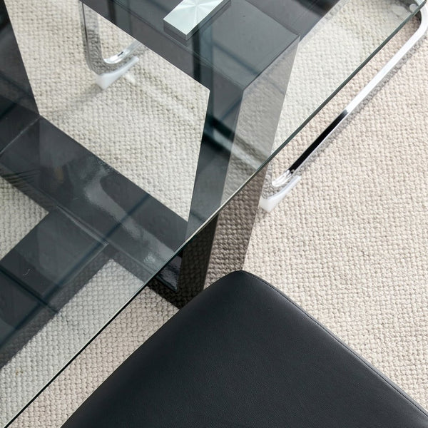 English Elm Seating Eight Tempered Glass Rectangular Dining Table with Matte Black Mdf Base W1151S04949