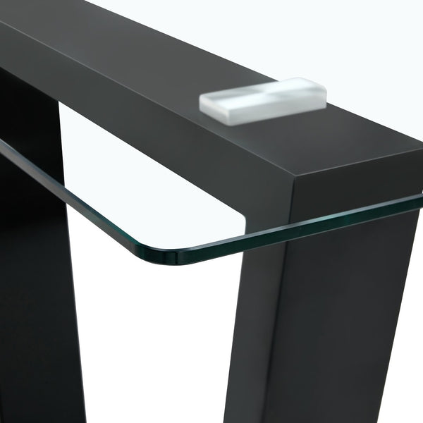 English Elm Seating Eight Tempered Glass Rectangular Dining Table with Matte Black Mdf Base W1151S04949
