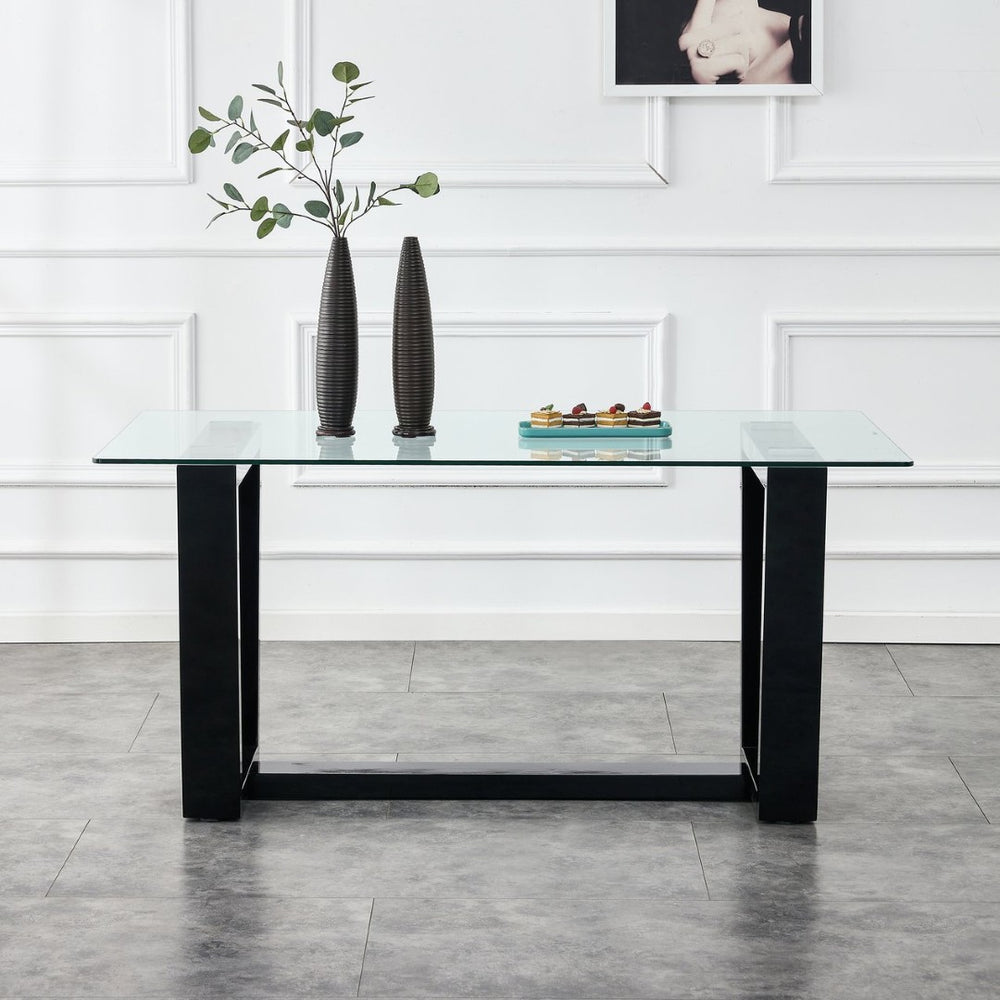 English Elm Seating Eight Tempered Glass Rectangular Dining Table with Matte Black Mdf Base W1151S04949