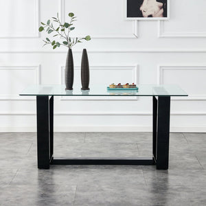 English Elm Seating Eight Tempered Glass Rectangular Dining Table with Matte Black Mdf Base W1151S04949