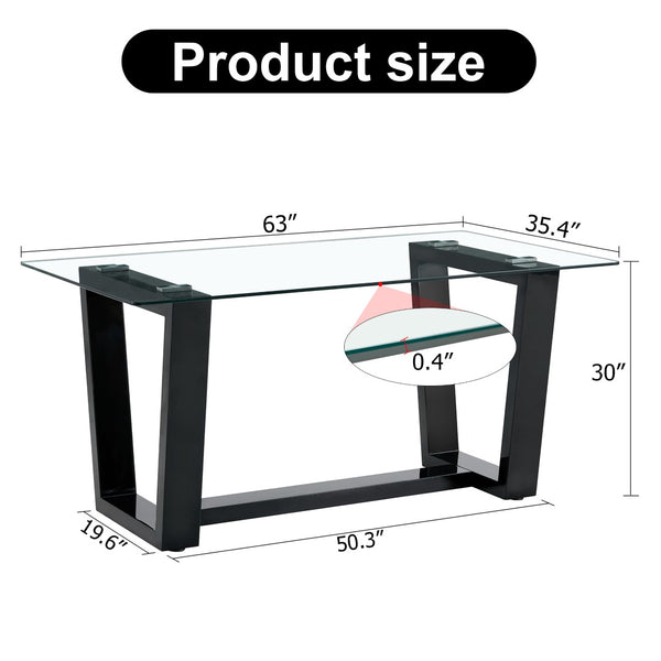 English Elm Seating Eight Tempered Glass Rectangular Dining Table with Matte Black Mdf Base W1151S04949