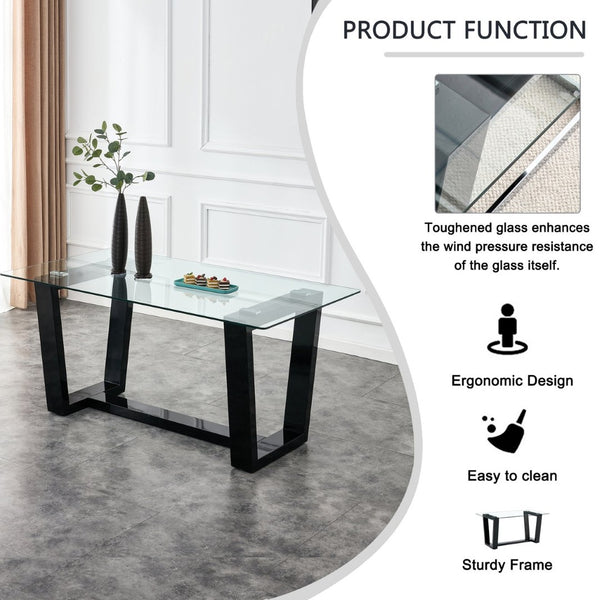 English Elm Seating Eight Tempered Glass Rectangular Dining Table with Matte Black Mdf Base W1151S04949