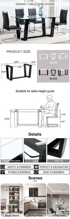 English Elm Seating Eight Tempered Glass Rectangular Dining Table with Matte Black Mdf Base W1151S04949