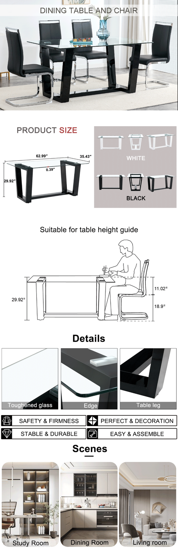 English Elm Seating Eight Tempered Glass Rectangular Dining Table with Matte Black Mdf Base W1151S04949